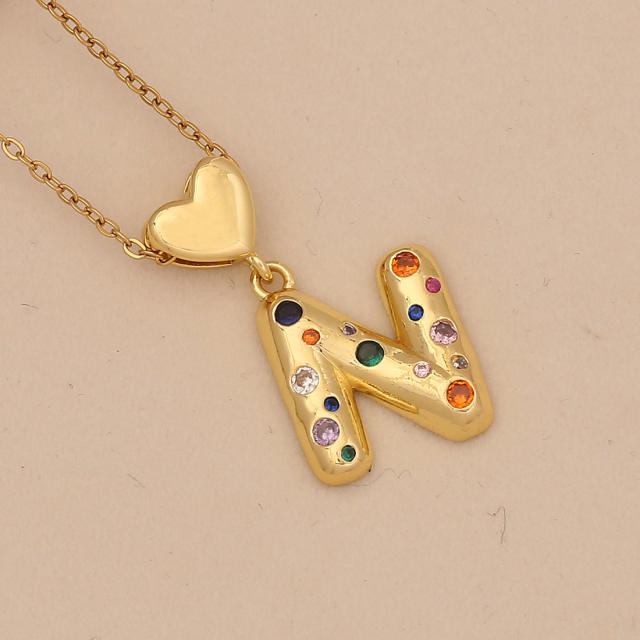 Hiphop rainbow cz inlaid initial letter charm gold plated copper necklace