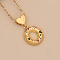 Hiphop rainbow cz inlaid initial letter charm gold plated copper necklace