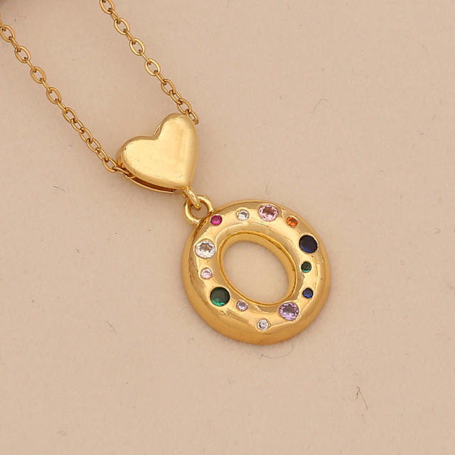 Hiphop rainbow cz inlaid initial letter charm gold plated copper necklace