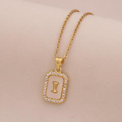 18K initial letter block pendant gold plated copper necklace