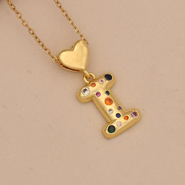 Hiphop rainbow cz inlaid initial letter charm gold plated copper necklace