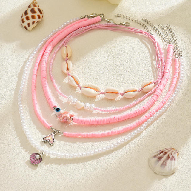 Summer Ocean Style Fashion Shell Necklace Pink Beads Starfish Pearl Multi-Layered Necklace for Women