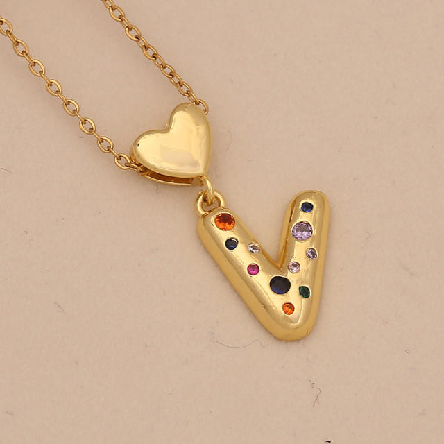 Hiphop rainbow cz inlaid initial letter charm gold plated copper necklace