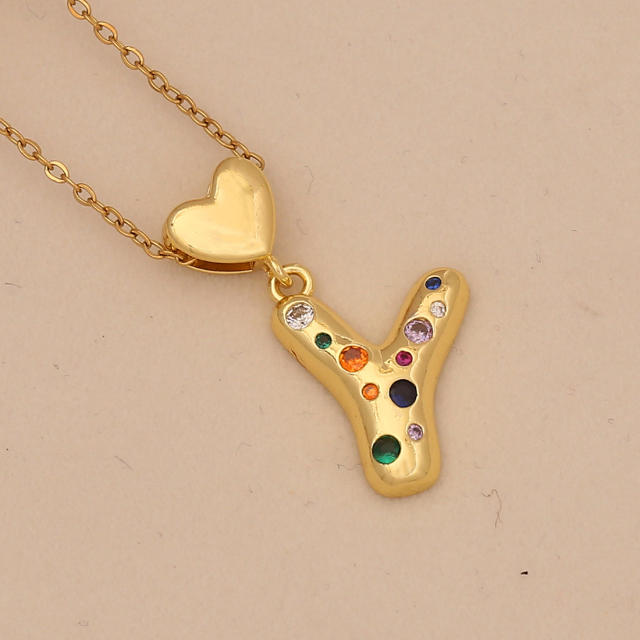 Hiphop rainbow cz inlaid initial letter charm gold plated copper necklace