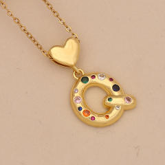 Hiphop rainbow cz inlaid initial letter charm gold plated copper necklace