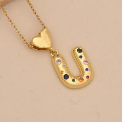 Hiphop rainbow cz inlaid initial letter charm gold plated copper necklace