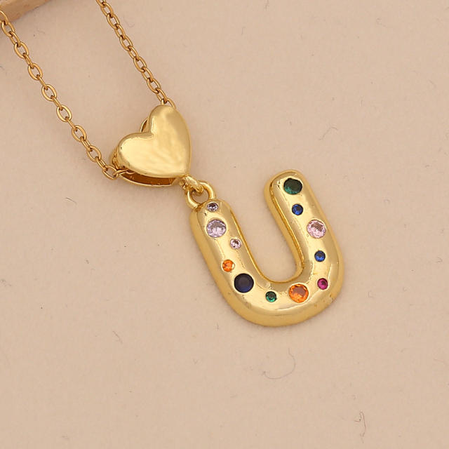 Hiphop rainbow cz inlaid initial letter charm gold plated copper necklace