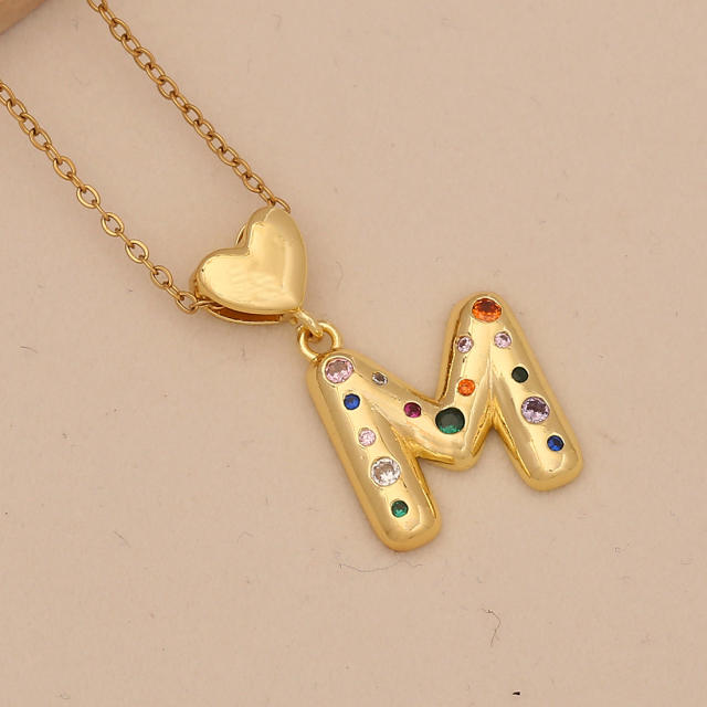 Hiphop rainbow cz inlaid initial letter charm gold plated copper necklace