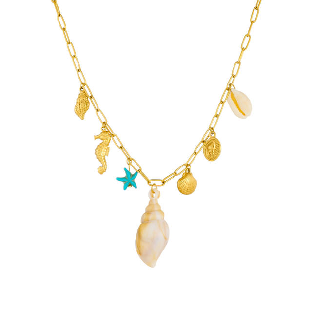 New Summer Ocean Style Blue Starfish Conch Seahorse Scallop charm necklace
