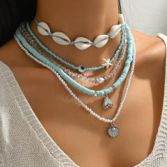 5pcs set Summer Fashion Blue Beaded Necklace Shell Design Necklace Set