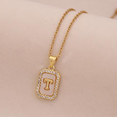 18K initial letter block pendant gold plated copper necklace