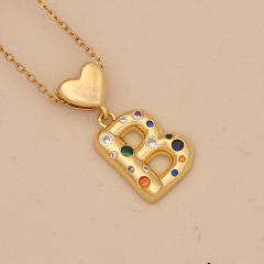 Hiphop rainbow cz inlaid initial letter charm gold plated copper necklace