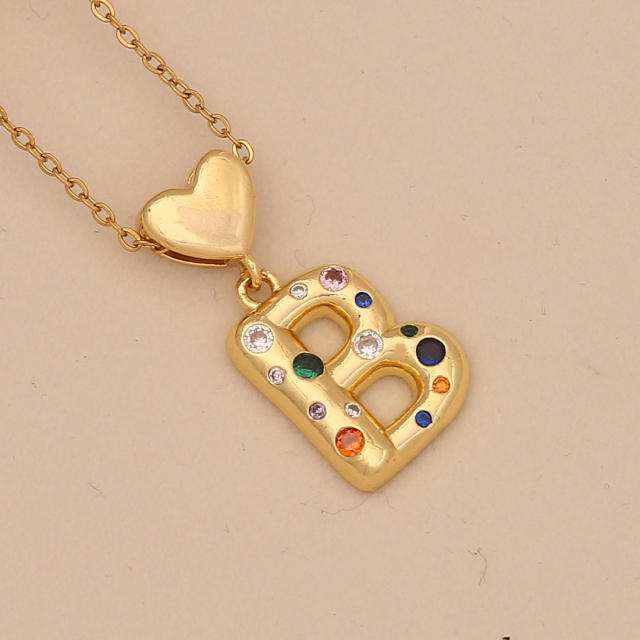 Hiphop rainbow cz inlaid initial letter charm gold plated copper necklace