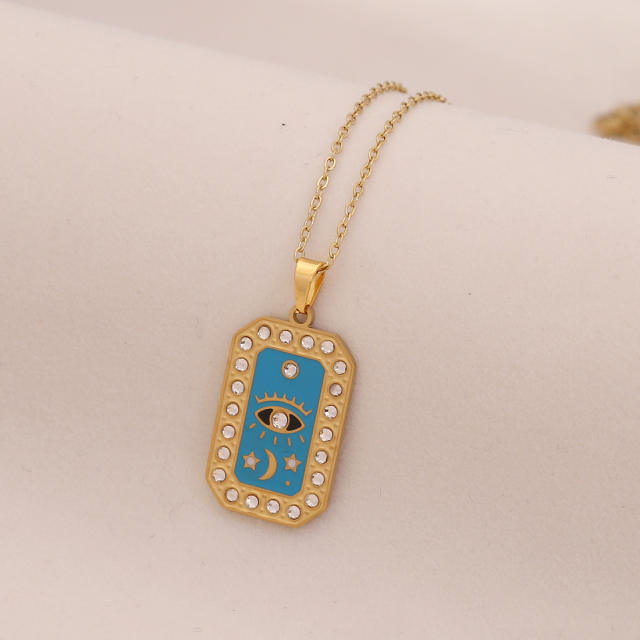 Vintage enamel round block pendant moon star evil eye stainless steel necklace