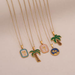 Summer color enamel cocount tree pendant stainless steel necklace