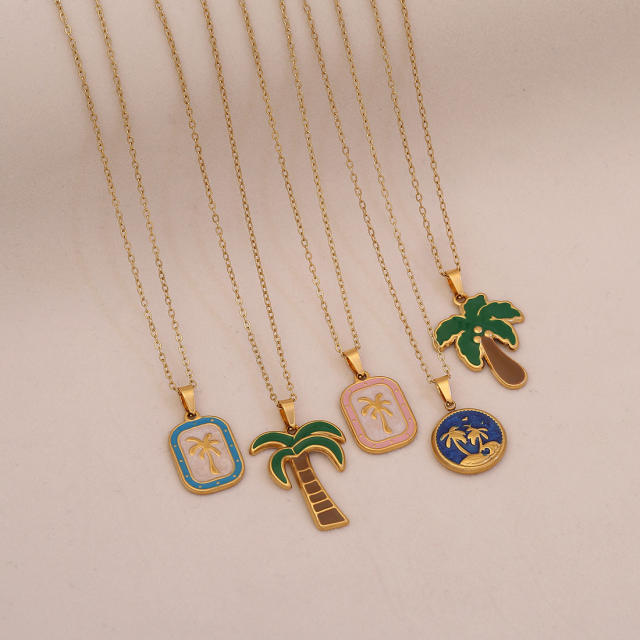 Summer color enamel cocount tree pendant stainless steel necklace