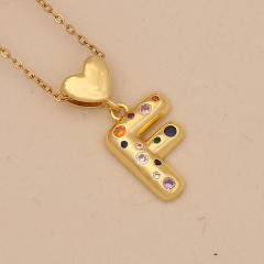 Hiphop rainbow cz inlaid initial letter charm gold plated copper necklace