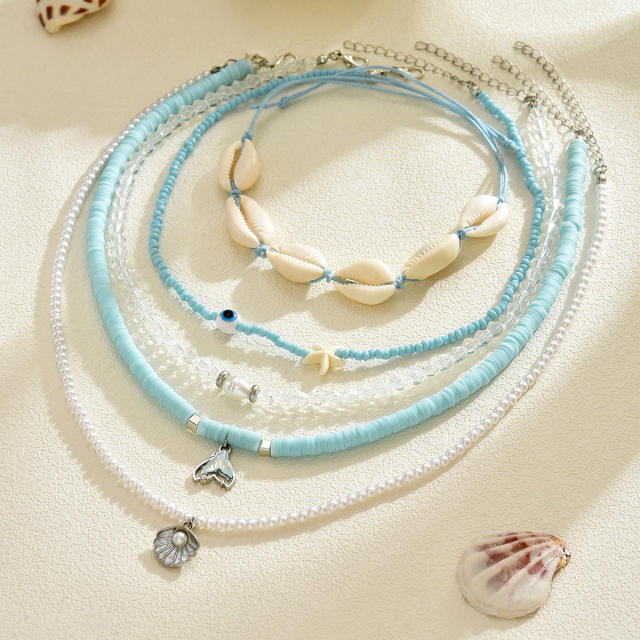 5pcs set Summer Fashion Blue Beaded Necklace Shell Design Necklace Set