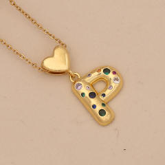 Hiphop rainbow cz inlaid initial letter charm gold plated copper necklace