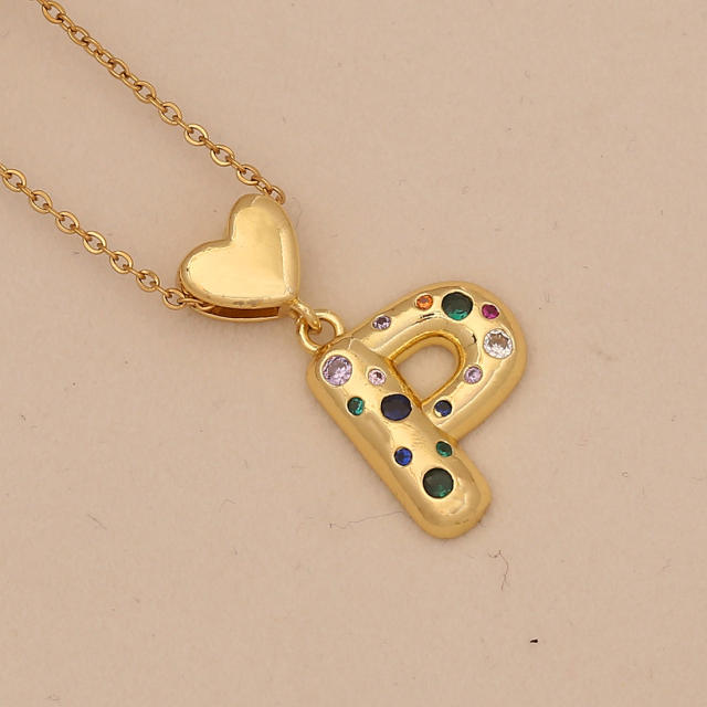 Hiphop rainbow cz inlaid initial letter charm gold plated copper necklace