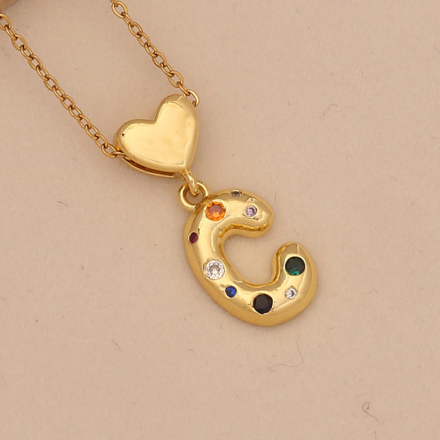 Hiphop rainbow cz inlaid initial letter charm gold plated copper necklace