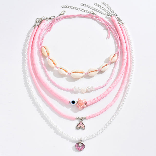 Summer Ocean Style Fashion Shell Necklace Pink Beads Starfish Pearl Multi-Layered Necklace for Women