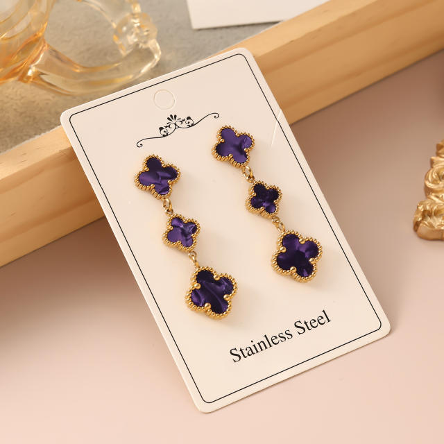 Colorful four leaf clover stainless steel earrings