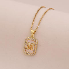 18K initial letter block pendant gold plated copper necklace