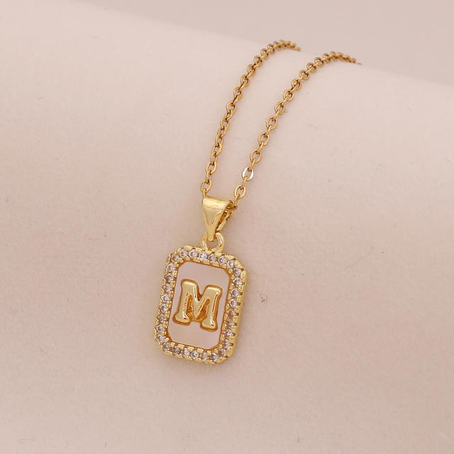 18K initial letter block pendant gold plated copper necklace