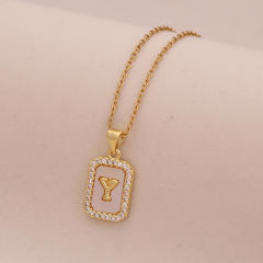 18K initial letter block pendant gold plated copper necklace