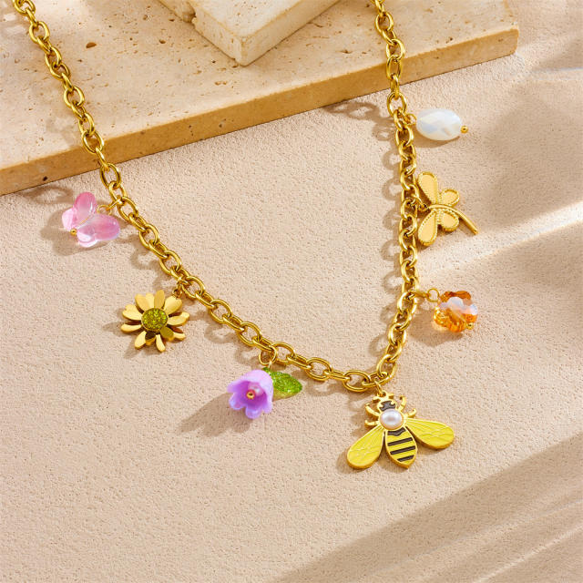Multi-Element enamel Cartoon Bee Sunflower Dragonfly charm Stainless Steel Necklace