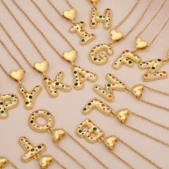 Hiphop rainbow cz inlaid initial letter charm gold plated copper necklace