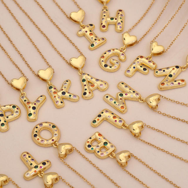 Hiphop rainbow cz inlaid initial letter charm gold plated copper necklace