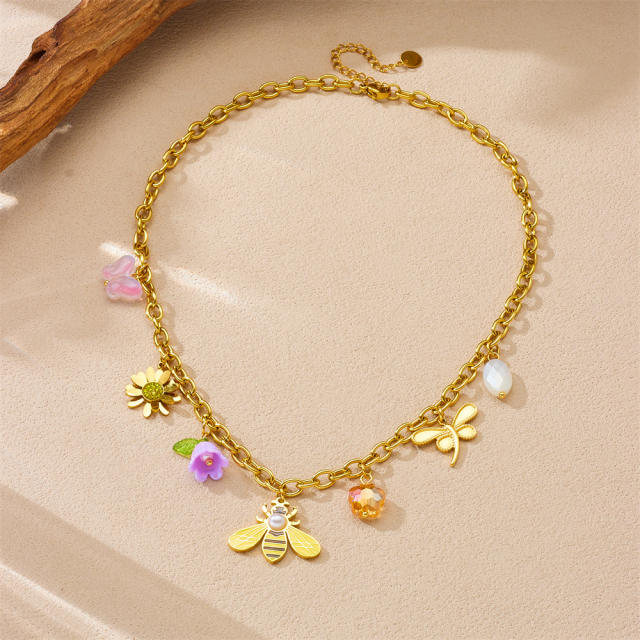Multi-Element enamel Cartoon Bee Sunflower Dragonfly charm Stainless Steel Necklace
