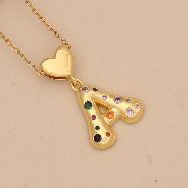 Hiphop rainbow cz inlaid initial letter charm gold plated copper necklace