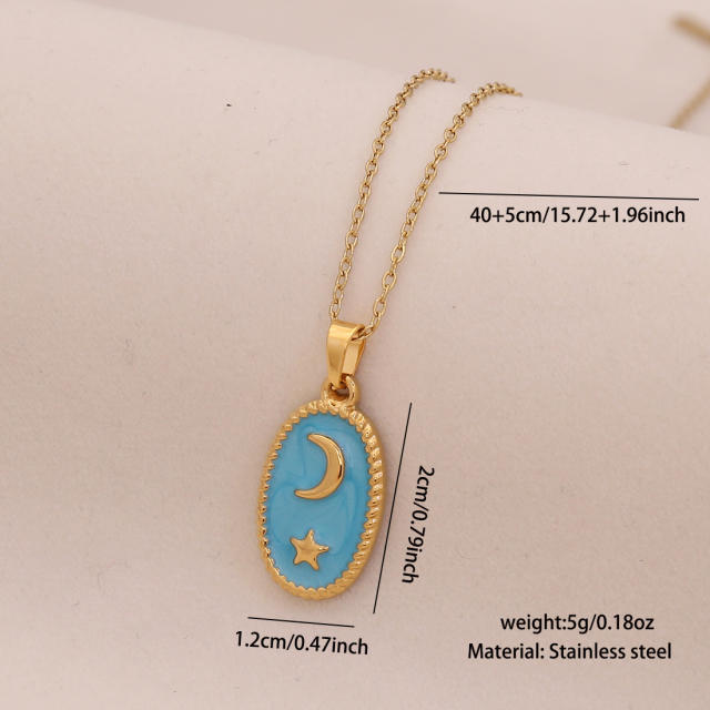 Vintage enamel round block pendant moon star evil eye stainless steel necklace
