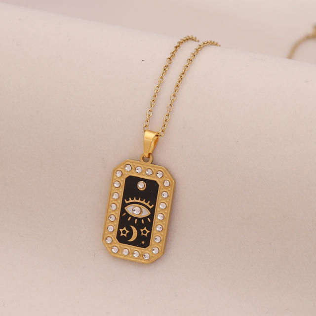 Vintage enamel round block pendant moon star evil eye stainless steel necklace