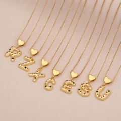 Hiphop rainbow cz inlaid initial letter charm gold plated copper necklace