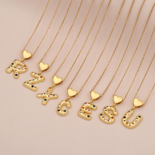 Hiphop rainbow cz inlaid initial letter charm gold plated copper necklace