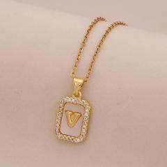 18K initial letter block pendant gold plated copper necklace