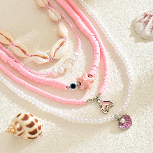 Summer Ocean Style Fashion Shell Necklace Pink Beads Starfish Pearl Multi-Layered Necklace for Women