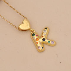 Hiphop rainbow cz inlaid initial letter charm gold plated copper necklace