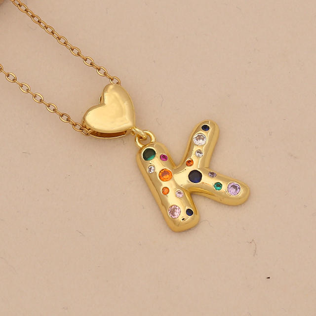 Hiphop rainbow cz inlaid initial letter charm gold plated copper necklace