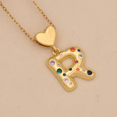 Hiphop rainbow cz inlaid initial letter charm gold plated copper necklace