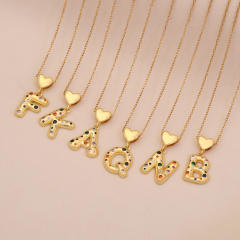 Hiphop rainbow cz inlaid initial letter charm gold plated copper necklace