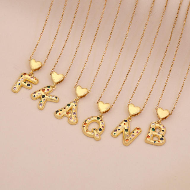Hiphop rainbow cz inlaid initial letter charm gold plated copper necklace