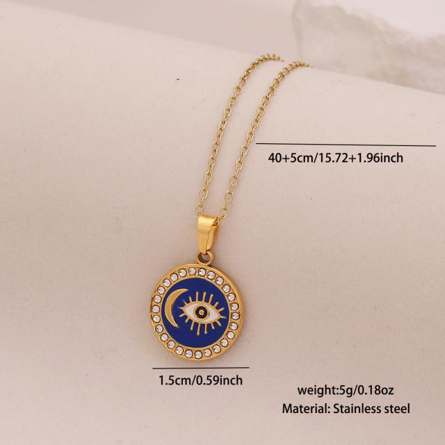 Vintage enamel round block pendant moon star evil eye stainless steel necklace