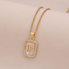 18K initial letter block pendant gold plated copper necklace