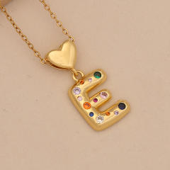 Hiphop rainbow cz inlaid initial letter charm gold plated copper necklace