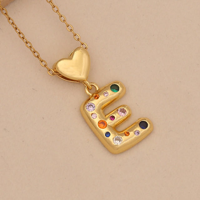 Hiphop rainbow cz inlaid initial letter charm gold plated copper necklace
